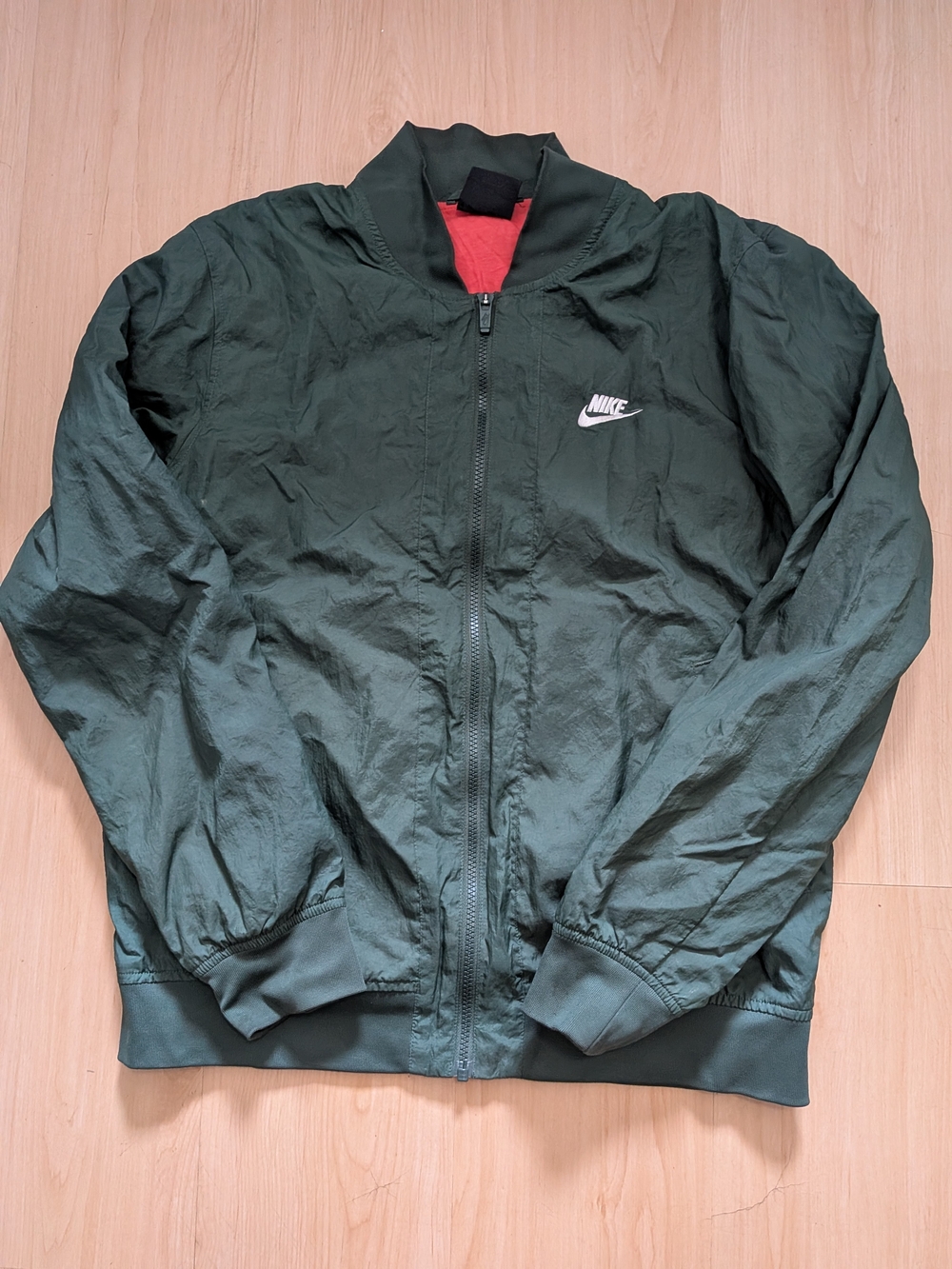 Nike Woven Players Jacket Dark Green Crinkle Nylon Red Orange Collar Men's M